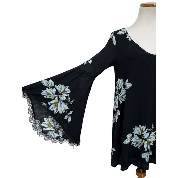 Free People Floral Print Lace Trim Bell Sleeve Mini Shift Dress S| Whimsigoth FP - Picture 6 of 16